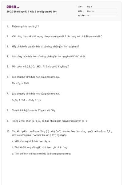 Bộ 20 đề thi học kì 1 Hóa 8 có đáp án (Đề 19)