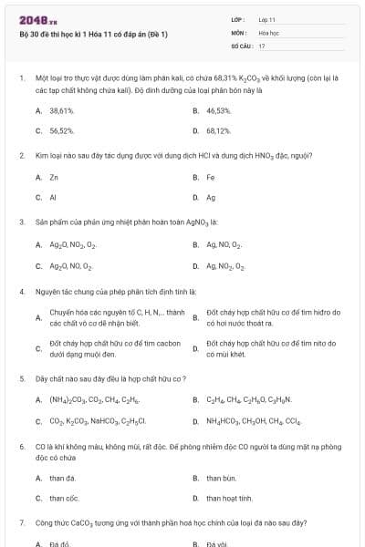 Bộ 30 đề thi học kì 1 Hóa 11 có đáp án (Đề 1)