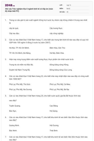 362 câu Trắc nghiệm Địa lí ngành kinh tế có đáp án (mức độ nhận biết P2)