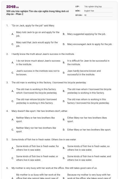 500 câu trắc nghiệm Tìm câu cận nghĩa trong tiếng Anh có đáp án - Phần 2