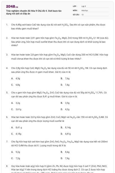 Trắc nghiệm chuyên đề Hóa 9 Chủ đề 4. Oxit bazo tác dụng với axit có đáp án