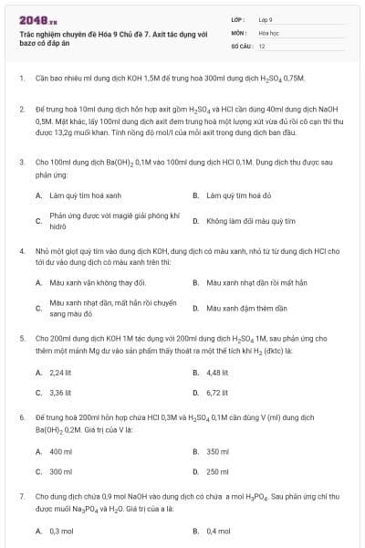 Trắc nghiệm chuyên đề Hóa 9 Chủ đề 7. Axit tác dụng với bazơ có đáp án