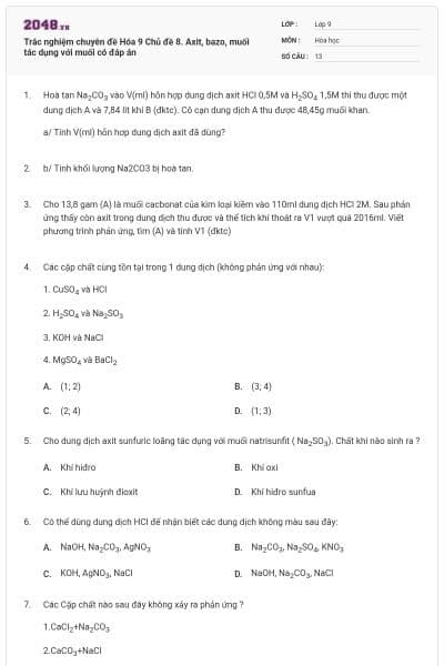 Trắc nghiệm chuyên đề Hóa 9 Chủ đề 8. Axit, bazo, muối tác dụng với muối có đáp án