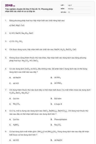 Trắc nghiệm chuyên đề Hóa 9 Chủ đề 10. Phương pháp nhận biết các chất vô cơ có đáp án