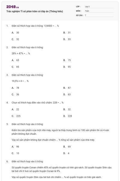 Trắc nghiệm Tỉ số phần trăm có đáp án (Thông hiểu)