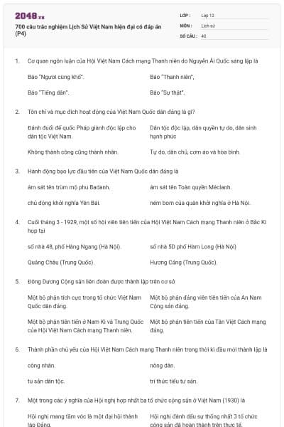 700 câu trắc nghiệm Lịch Sử Việt Nam hiện đại có đáp án (P4)