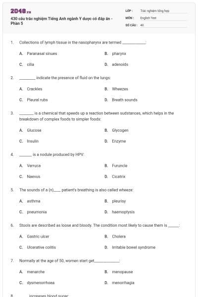 430 câu trắc nghiệm Tiếng Anh ngành Y dược có đáp án - Phần 5