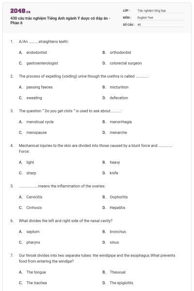 430 câu trắc nghiệm Tiếng Anh ngành Y dược có đáp án - Phần 6
