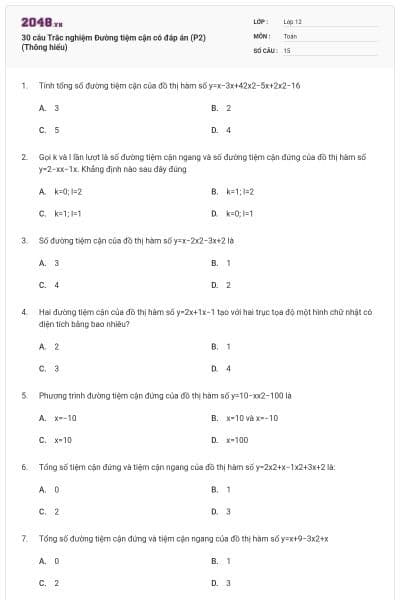 30 câu Trắc nghiệm Đường tiệm cận có đáp án (P2) (Thông hiểu)