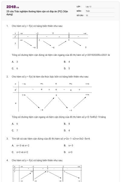 25 câu Trắc nghiệm Đường tiệm cận có đáp án (P2) (Vận dụng)