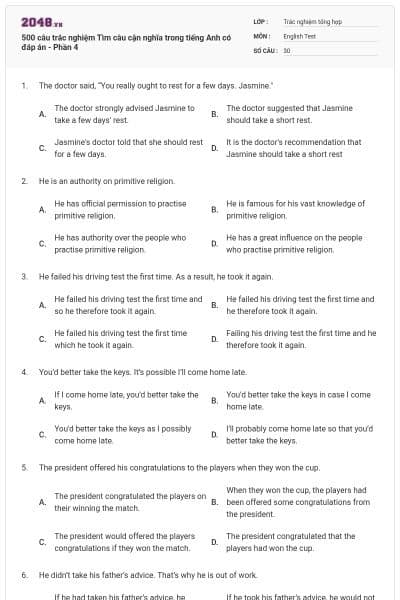 500 câu trắc nghiệm Tìm câu cận nghĩa trong tiếng Anh có đáp án - Phần 4