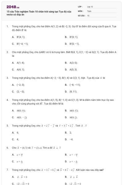 15 câu Trắc nghiệm Toán 10 chân trời sáng tạo Tọa độ của vectơ có đáp án
