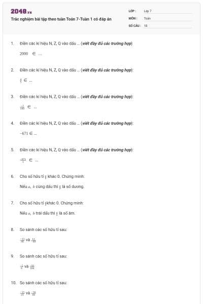 Trắc nghiệm bài tập theo tuần Toán 7-Tuần 1 có đáp án