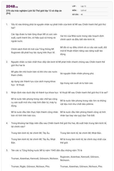 370 câu trắc nghiệm Lịch Sử Thế giới lớp 12 có đáp án (P4)