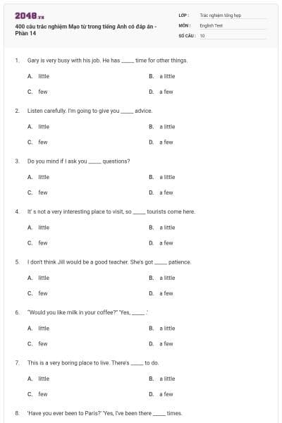 400 câu trắc nghiệm Mạo từ trong tiếng Anh có đáp án - Phần 14