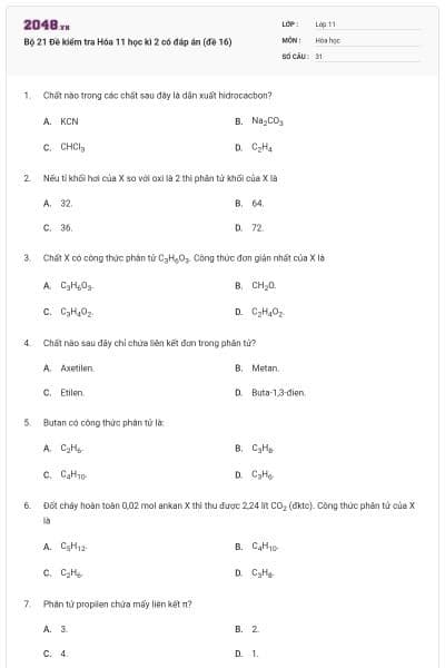 Bộ 21 Đề kiểm tra Hóa 11 học kì 2 có đáp án (đề 16)