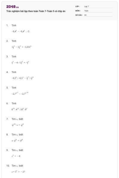 Trắc nghiệm bài tập theo tuần Toán 7-Tuần 5 có đáp án