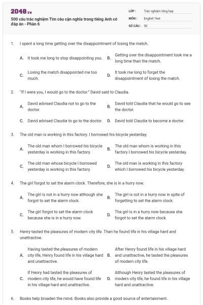 500 câu trắc nghiệm Tìm câu cận nghĩa trong tiếng Anh có đáp án - Phần 6