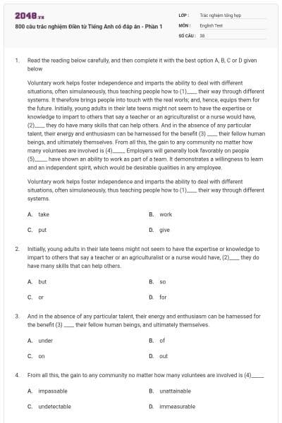 800 câu trắc nghiệm Điền từ Tiếng Anh có đáp án - Phần 1