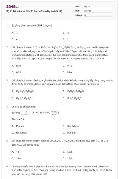 Bộ 21 Đề kiểm tra Hóa 11 học kì 2 có đáp án (đề 17)