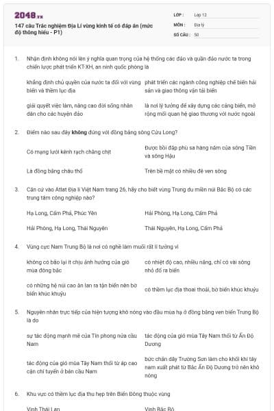147 câu Trắc nghiệm Địa Lí vùng kinh tế có đáp án (mức độ thông hiểu - P1)