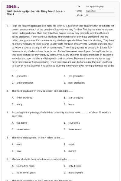 1400 câu trắc nghiệm Đọc hiểu Tiếng Anh có đáp án - Phần 1