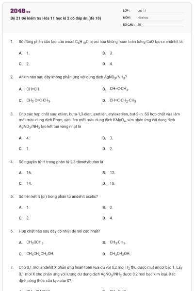 Bộ 21 Đề kiểm tra Hóa 11 học kì 2 có đáp án (đề 18)