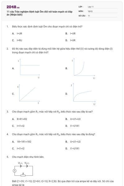 11 câu Trắc nghiệm Định luật Ôm đối với toàn mạch có đáp án (Nhận biết)