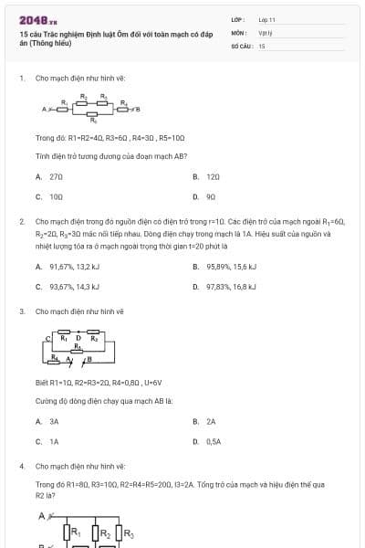 15 câu Trắc nghiệm Định luật Ôm đối với toàn mạch có đáp án (Thông hiểu)