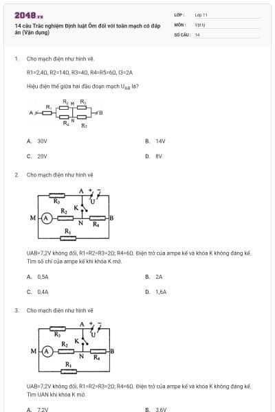 14 câu Trắc nghiệm Định luật Ôm đối với toàn mạch có đáp án (Vận dụng)