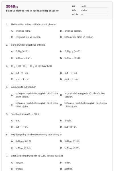 Bộ 21 Đề kiểm tra Hóa 11 học kì 2 có đáp án (đề 19)