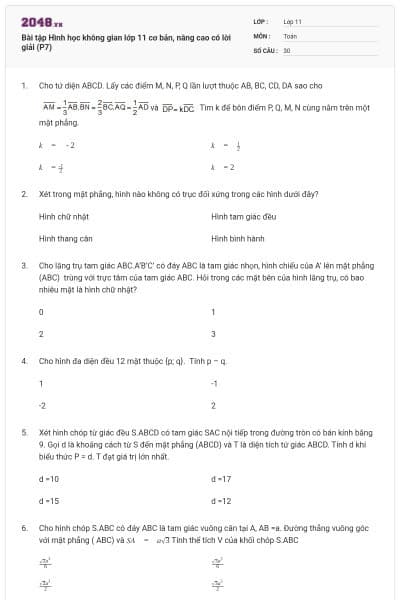Bài tập Hình học không gian lớp 11 cơ bản, nâng cao có lời giải (P7)
