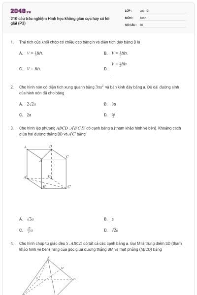 210 câu trắc nghiệm Hình học không gian cực hay có lời giải (P3)