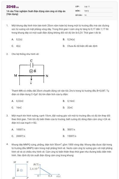 14 câu Trắc nghiệm Suất điện động cảm ứng có đáp án (Vận dụng)
