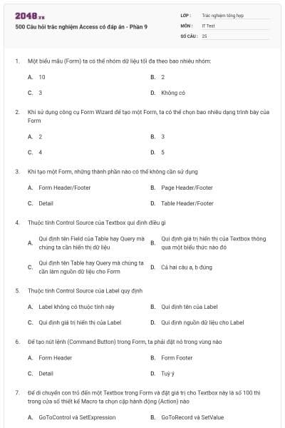 500 Câu hỏi trắc nghiệm Access có đáp án - Phần 9