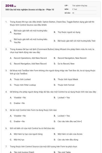 500 Câu hỏi trắc nghiệm Access có đáp án - Phần 10