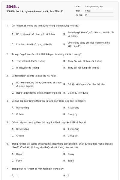 500 Câu hỏi trắc nghiệm Access có đáp án - Phần 11