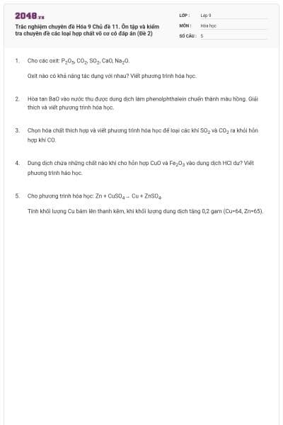 Trắc nghiệm chuyên đề Hóa 9 Chủ đề 11. Ôn tập và kiểm tra chuyên đề các loại hợp chất vô cơ có đáp án (Đề 2)