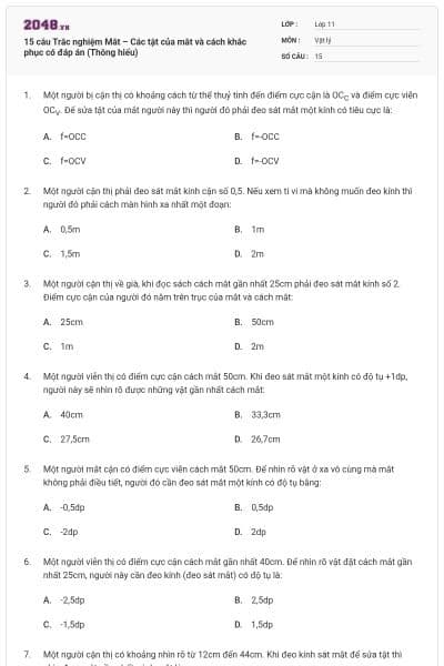 15 câu Trắc nghiệm Mắt – Các tật của mắt và cách khắc phục có đáp án (Thông hiểu)
