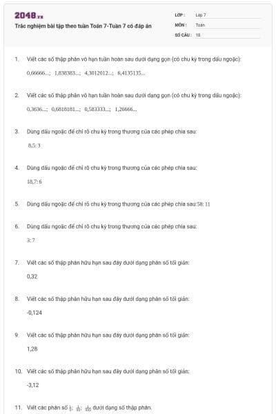 Trắc nghiệm bài tập theo tuần Toán 7-Tuần 7 có đáp án