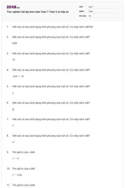 Trắc nghiệm bài tập theo tuần Toán 7-Tuần 9 có đáp án