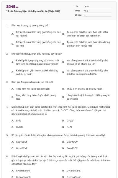 11 câu Trắc nghiệm Kính lúp có đáp án (Nhận biết)