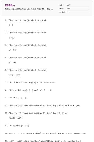 Trắc nghiệm bài tập theo tuần Toán 7-Tuần 10 có đáp án