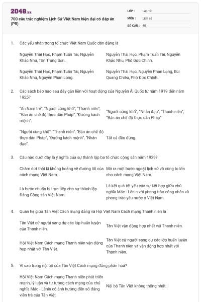 700 câu trắc nghiệm Lịch Sử Việt Nam hiện đại có đáp án (P5)