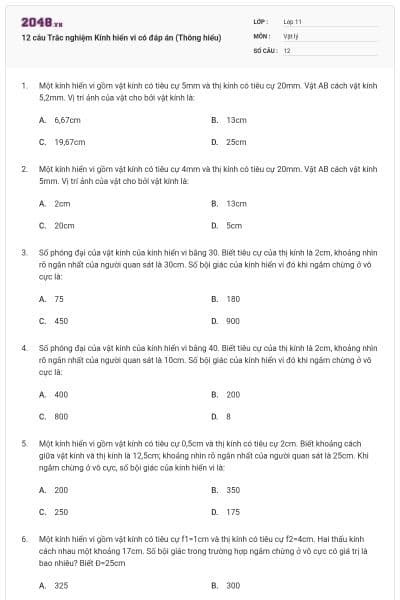 12 câu Trắc nghiệm Kính hiển vi có đáp án (Thông hiểu)