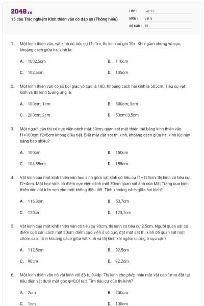 15 câu Trắc nghiệm Kính thiên văn có đáp án (Thông hiểu)