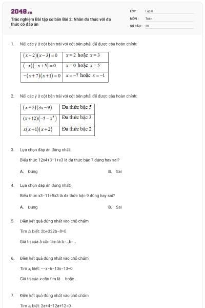 Trắc nghiệm Bài tập cơ bản Bài 2: Nhân đa thức với đa thức có đáp án