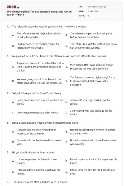 500 câu trắc nghiệm Tìm câu cận nghĩa trong tiếng Anh có đáp án - Phần 8