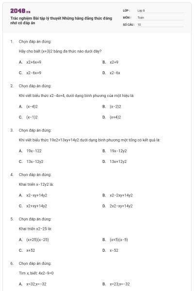 Trắc nghiệm Bài tập lý thuyết Những hằng đẳng thức đáng nhớ có đáp án