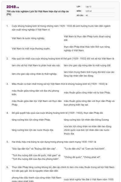 700 câu trắc nghiệm Lịch Sử Việt Nam hiện đại có đáp án (P6)